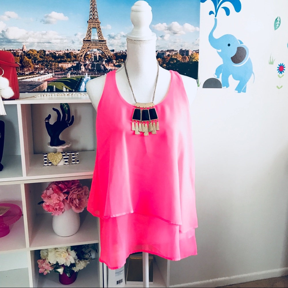 Pink Rose women pink neon ruffle tank top